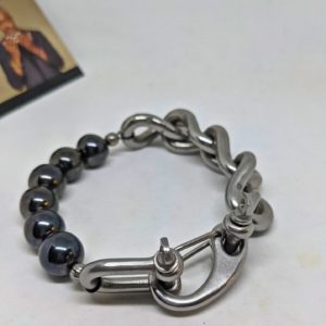 half moon bracelet with chain and hematite
